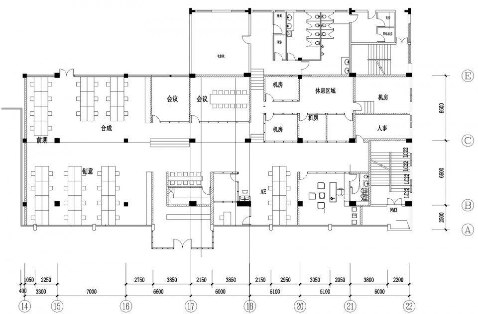 (↑ up 上) 平面图 Plan, (↓ left 下左) 接待处 Reception,(↓ right 下右) 影院入口 Movie Theater Entrance