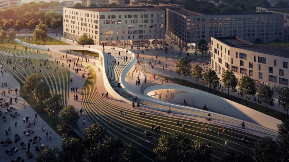 ZHA Fornebu Senter Station East Entrance render by VA