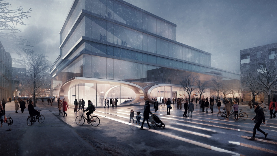 ZHA Fornebu Senter Station West Entrance render by VA