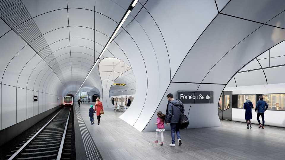 ZHA Fornebu Senter Station Platforms render by VA