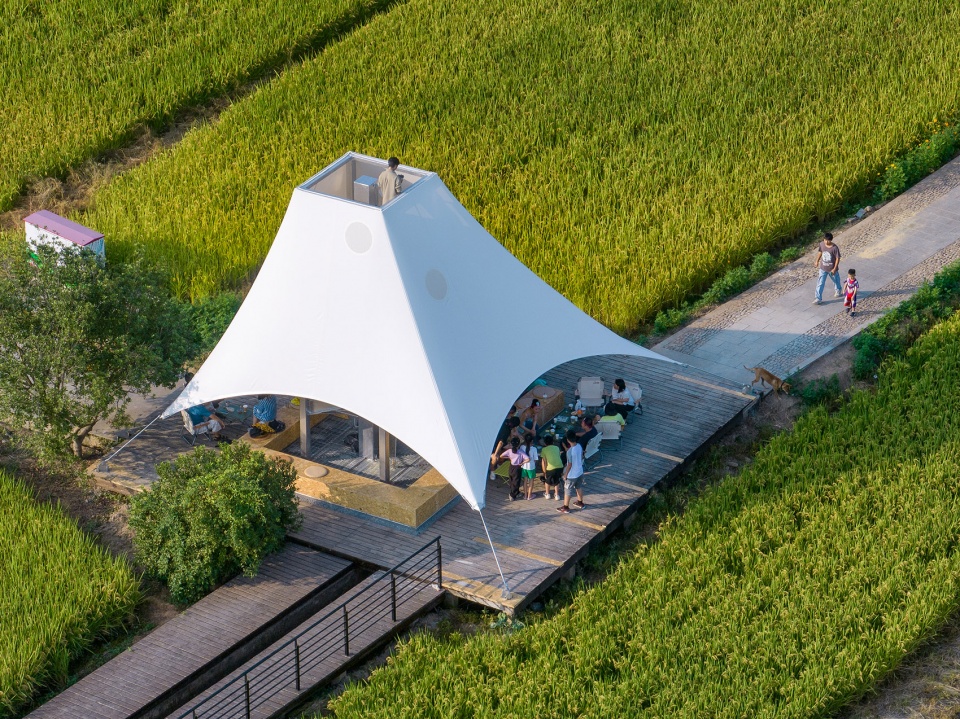 tower pavilion in paddy fields by jumpinghouselab