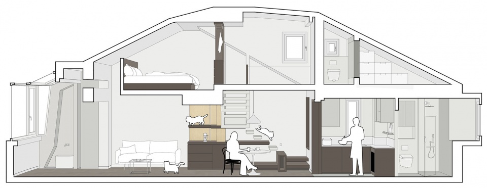 Sectional perspective of living room Vertical Circulation by Qisi