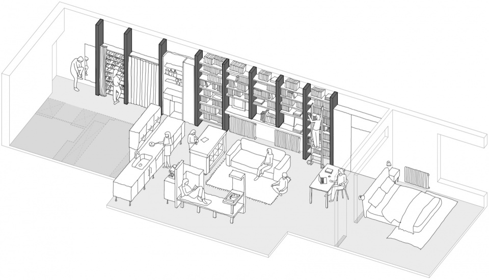 bookshelf wall apartment by qisi design